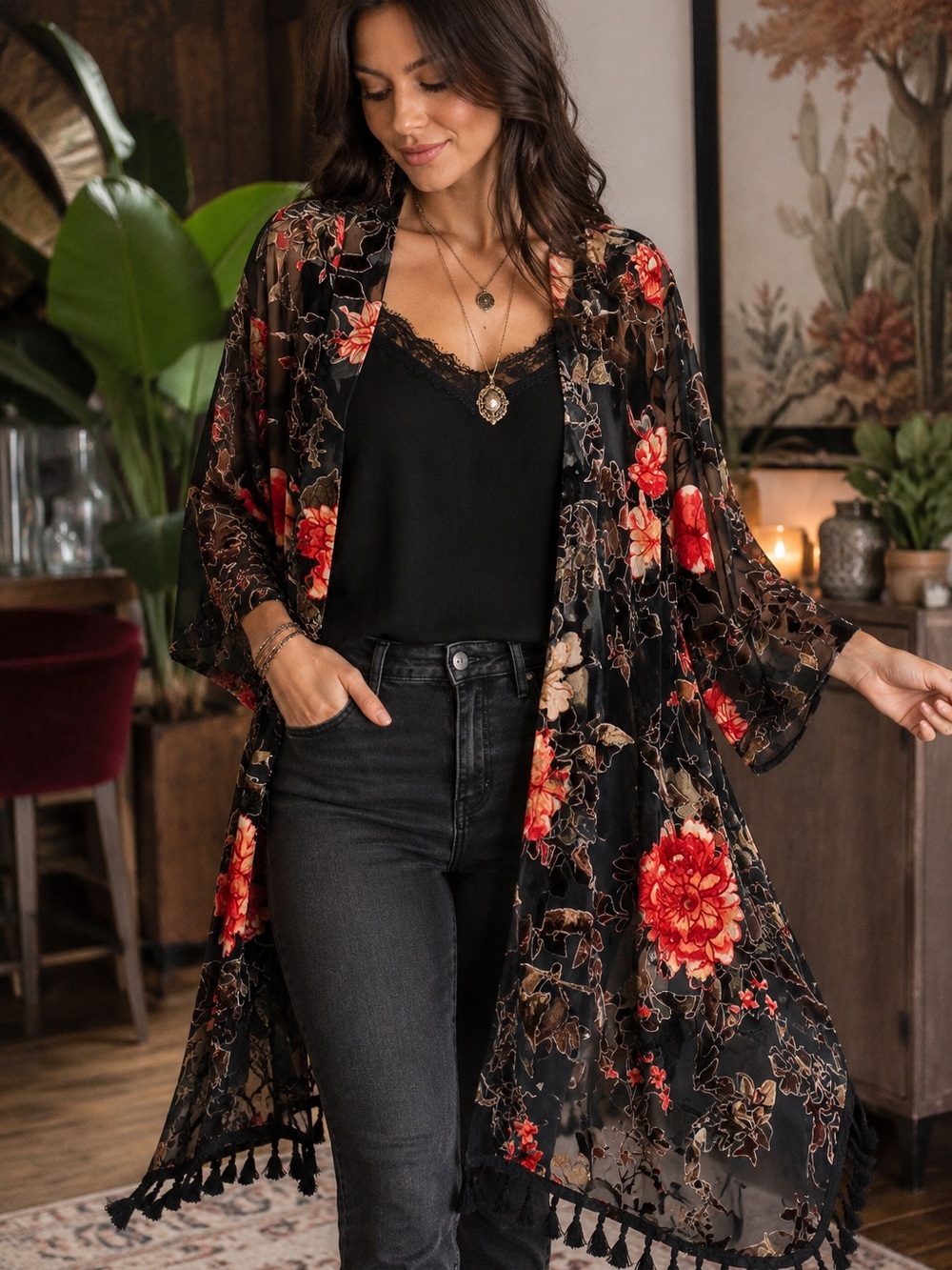 INC International Concepts Burnout Velvet Floral Kimono Boho Whimsigoth O/S